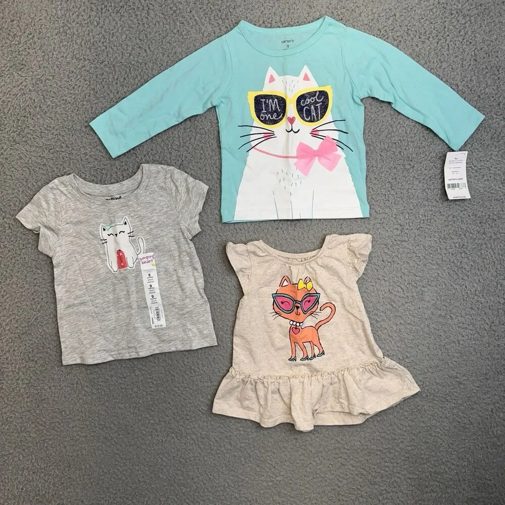 Carters Bundle Baby Girl 9 Months Cat Graphic Outfit Sweater Hats Footed Pajama